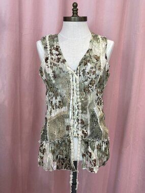 Y2K Le Grenier Crinkle Mesh Ruffle Top Daisy Lace Ribbon Tie Floral Print Size M